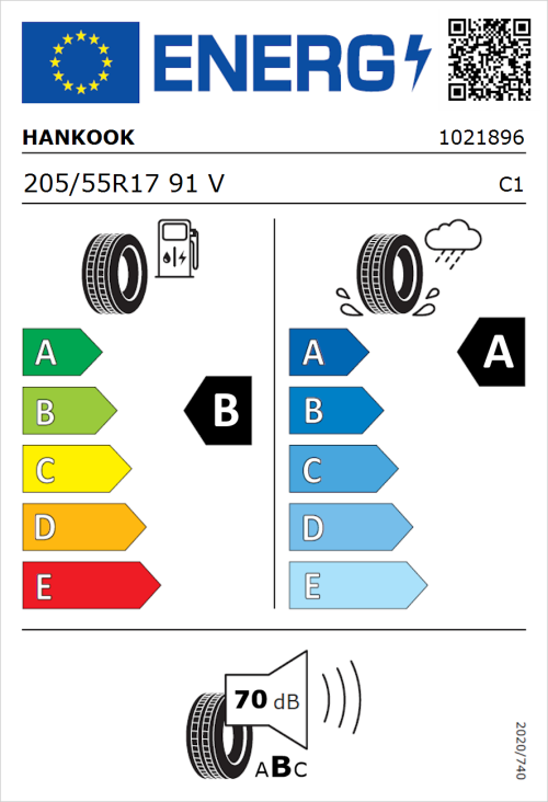 Tyre Label for Hankook Ventus Prime 3 K125 205/55R17 91V