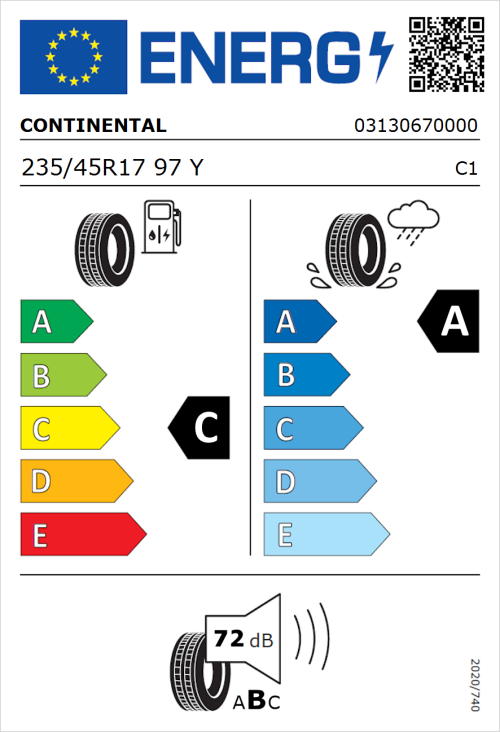 Tyre Label for Continental Premium Contact 7 235/45R17 97Y