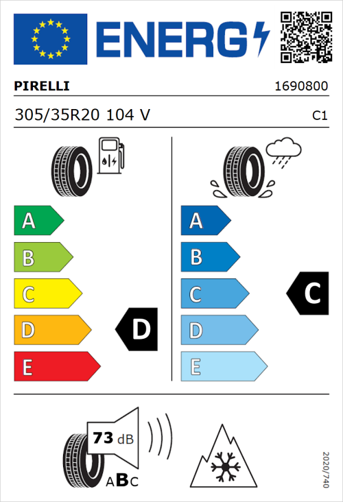 Tyre Label for Pirelli W240 Winter Sottozero 305/35R20 104V