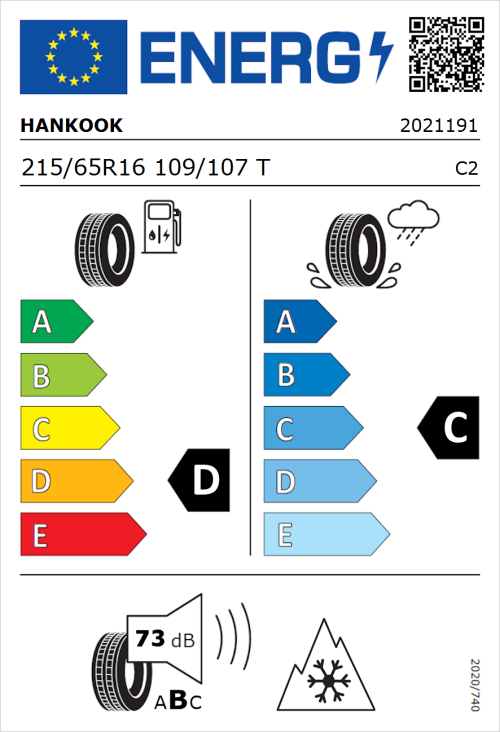 Tyre Label for Hankook Vantra ST AS2 RA30 215/65R16 109/107T