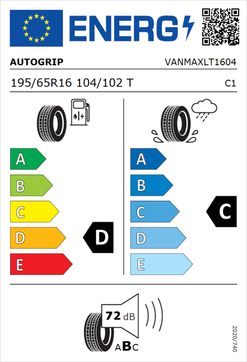 Tyre Label for Autogrip Vanmax 195/65R16 104/102T